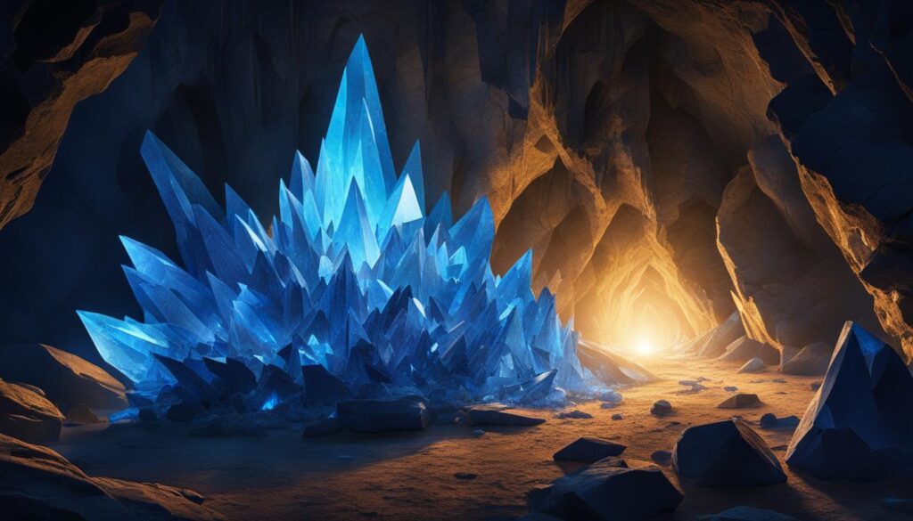 A cluster of deep blue crystals glistening under a beam of light in a dark cave. The crystals vary in size and shape, some jagged and pointed while others are smooth and rounded.