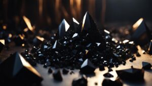 a cluster of black crystals shimmering in the light, with intricate, jagged edges and varying sizes.