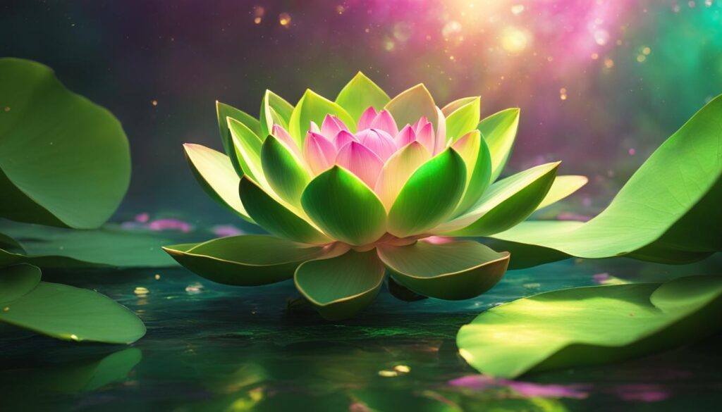 A vibrant green lotus flower with golden light emanating from its center, surrounded by swirling green and pink energy.