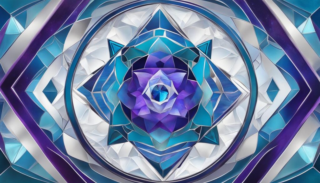 an abstract representation of the throat chakra using swirling shades of blue and turquoise, with a focal point of a glowing white diamond shape