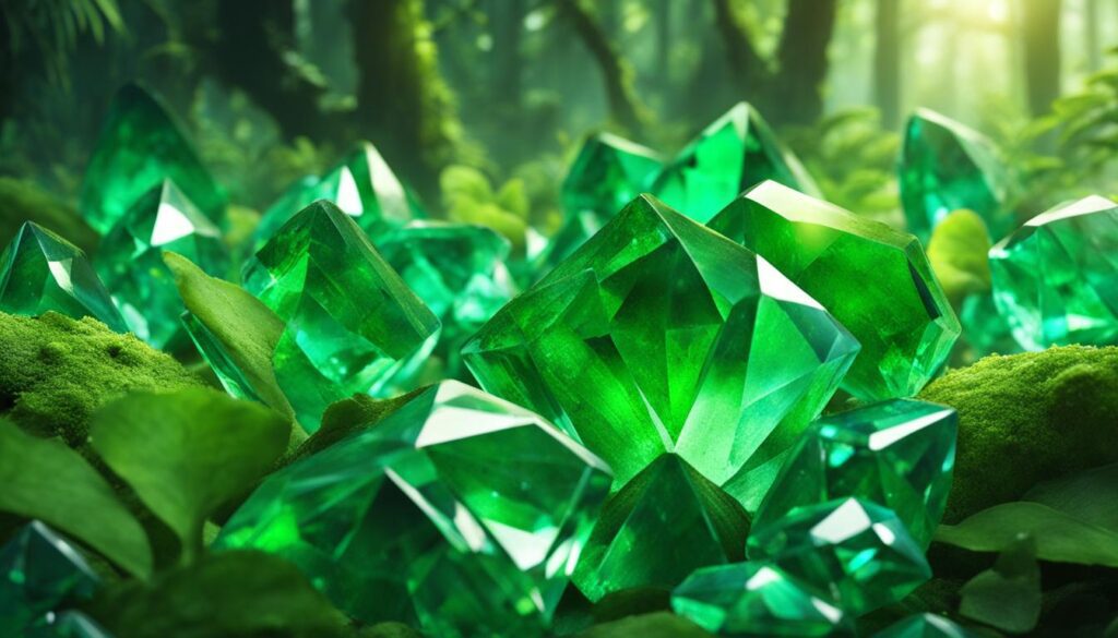 A lush forest full of vibrant green crystals sprouting from the ground. The crystals glisten in the sunlight, casting a dazzling display of emerald hues