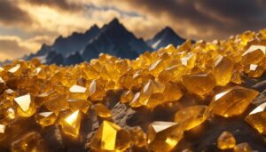 A field of yellow crystals sparkles in the sunlight, creating a dazzling display of colors and reflections. The crystals range in size from tiny grains to large boulders, all with jagged edges that catch the light.