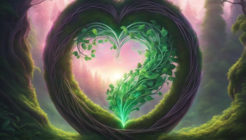 A glowing green heart with spiraling vines and leaves emanating from its center, surrounded by a soft pink aura.