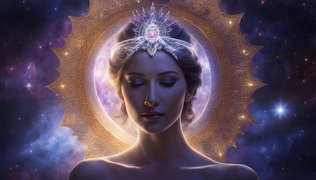 a bright, glowing crown made out of pure white light and energy. It sits atop a person's head, radiating outward and upward towards the cosmos.