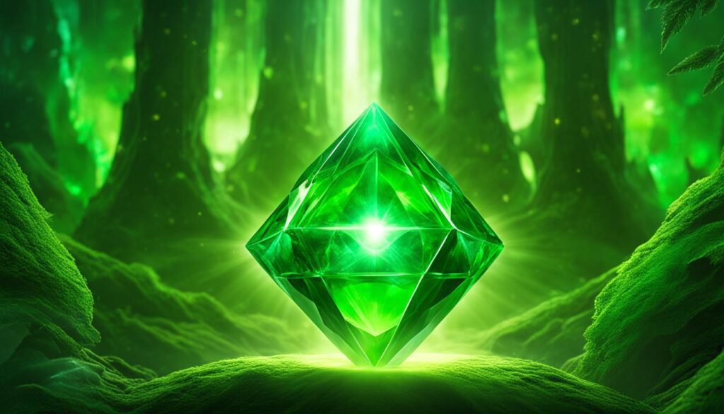 a green crystal that radiates energy and healing properties. At its center lies a glowing heart chakra, surrounded by vibrant green light. The chakra is open and pulsating, representing love, compassion, and emotional balance