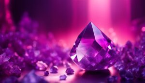 a shimmering amethyst crystal, set against a backdrop of soft purples and pinks.