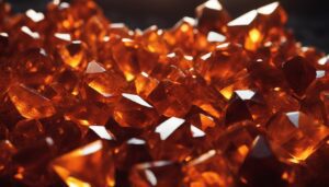 an array of orange crystals, each one unique in size and shape, arranged upon a serene, natural backdrop.