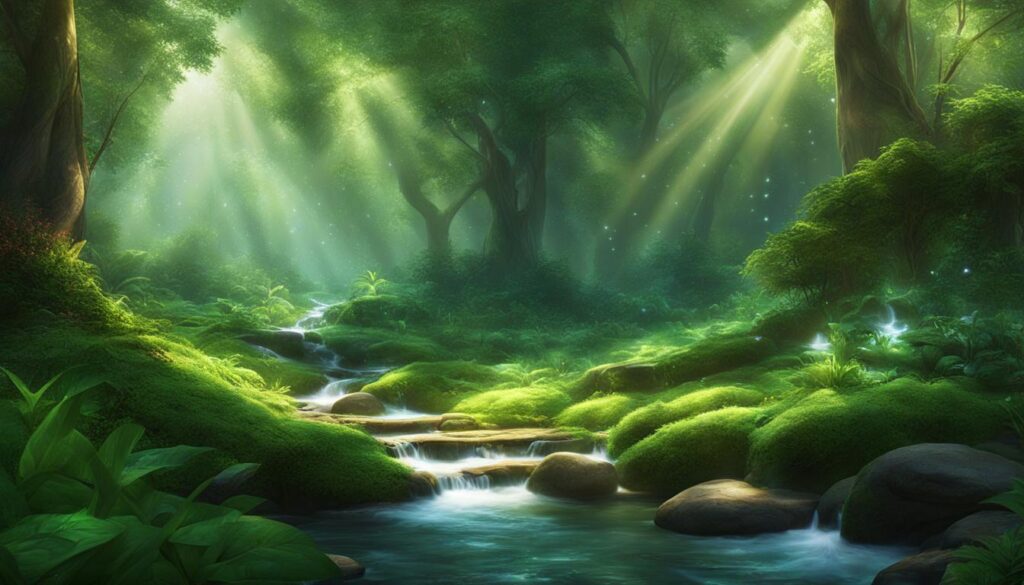 a serene forest glade, with a sparkling stream running through it. In the center of the glade, place a cluster of gleaming white crystals surrounded by vibrant green plants.