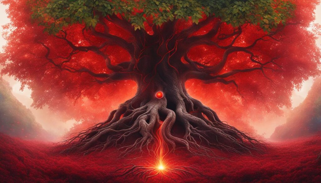 A vibrant red root system stretching deep into the earth, with energy pulsing through its branches and roots. The roots are thick and sturdy, grounding the chakra in place, while the leaves and flowers on the branches symbolize growth and renewal.