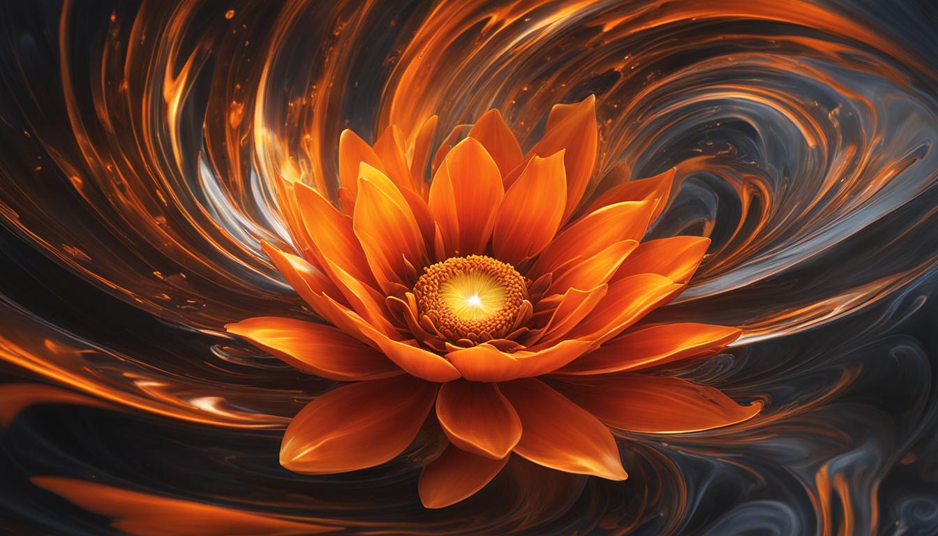 a radiant orange flower blooming from the center of a swirling water vortex. The petals of the flower represent the creative and passionate energy of the Sacral Chakra, while the water symbolizes its fluidity and emotional depth.