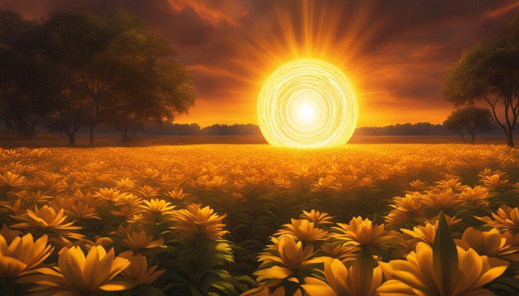 A vibrant yellow orb radiating energy and warmth is centered on a field of swirling oranges and yellows