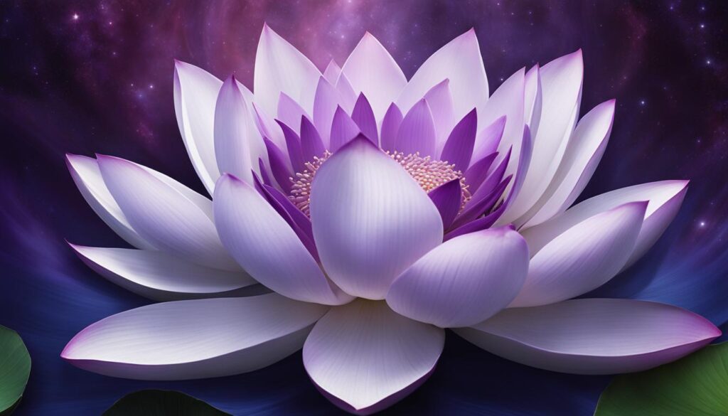 an image that represents the Crown Chakra as a glowing white or violet lotus flower, connected to the spiritual realm and radiating light and energy