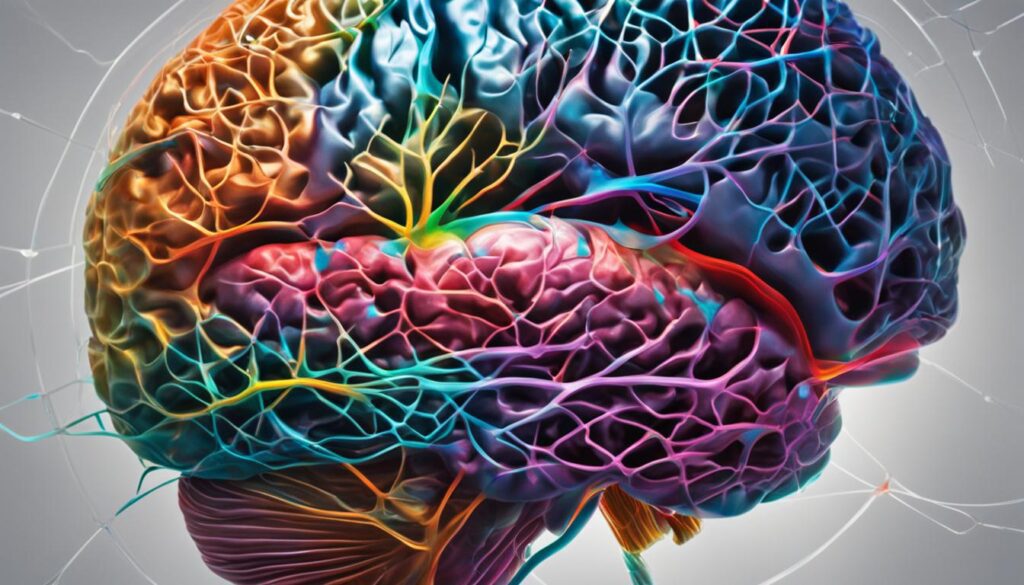 A close-up of a human brain with a focus on the frontal lobe. Include intricate details and vibrant colors to highlight the importance of this area in language processing.