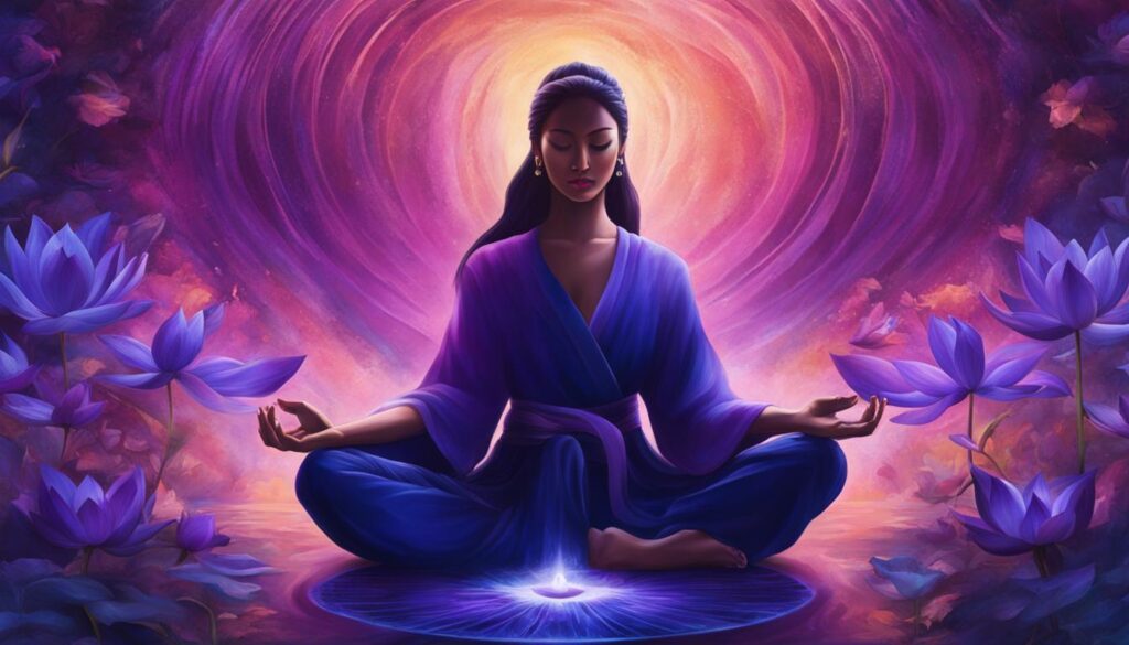 A person meditating with their eyes closed, while a vibrant purple and indigo swirl of energy emanates from the area between their eyebrows. The swirl is surrounded by lotus petals in shades of blue and purple. The person's hands are resting on their knees, palms facing up, and their body is filled with a sense of peace and serenity.