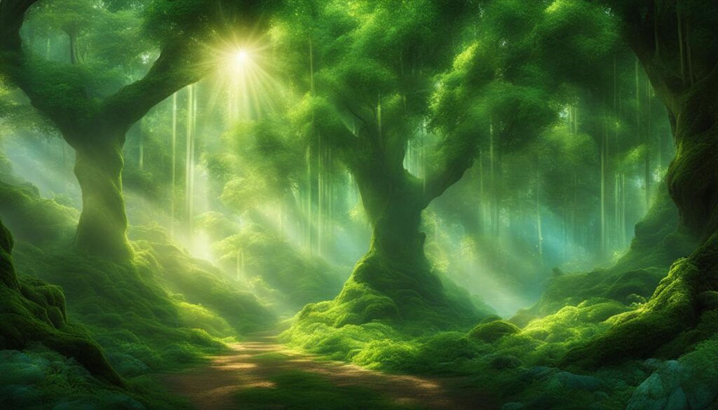  soothing green oasis, adorned with an array of glittering crystals. Gentle rays of sunlight filter through the canopy of trees overhead, casting a soft glow on the sparkling gems below