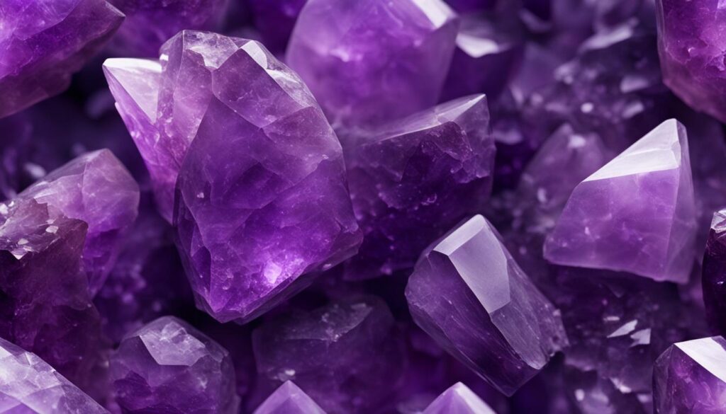 A cluster of amethyst crystals bathed in a soft purple light, emanating calmness and serenity.