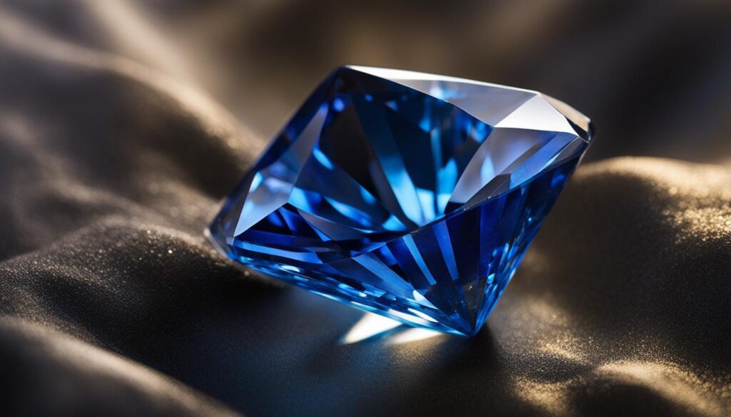 A glowing blue gemstone nestled in a bed of shimmering crystals, casting a cool and serene light that calms and soothes the soul.