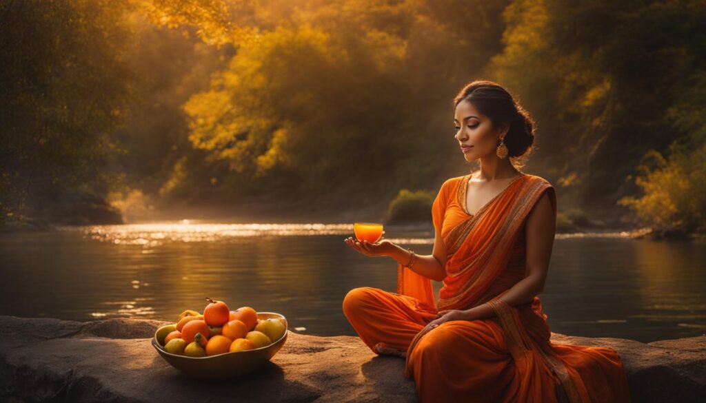 A woman sits surrounded by warm orange and golden hues, her posture relaxed and confident. A flowing river runs nearby, its water clear and inviting. She holds a bowl of ripe fruits in her hand, enjoying their sweet fragrance and taste. Her eyes sparkle with joy and creativity, reflecting the vibrant energy of her balanced sacral chakra.