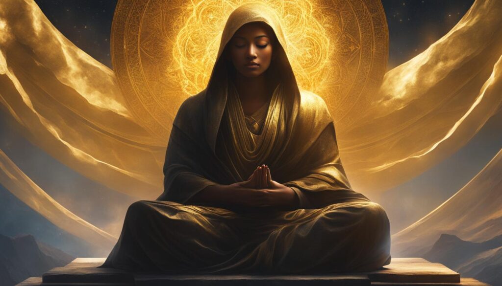 A serene figure sitting cross-legged with their eyes closed, surrounded by a golden light emanating from the top of their head.