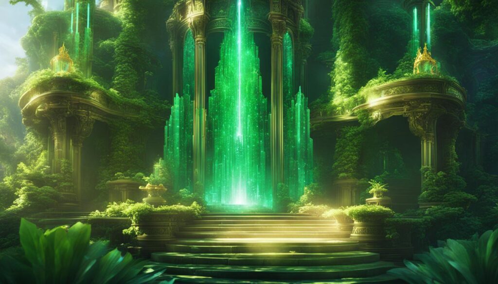 A luxurious green crystal palace with sparkling jewels and coins piled high on a throne. A beam of light shining down on the wealth, surrounded by lush foliage and natural beauty