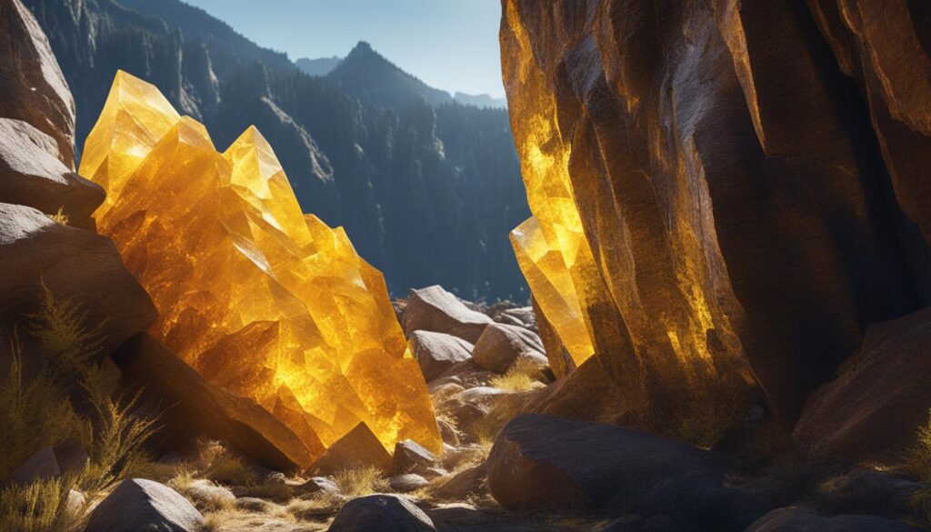 A beam of sunshine illuminates a rugged terrain, showcasing the vibrant tones and intricate patterns of a yellow quartz crystal peeking through the rocks.