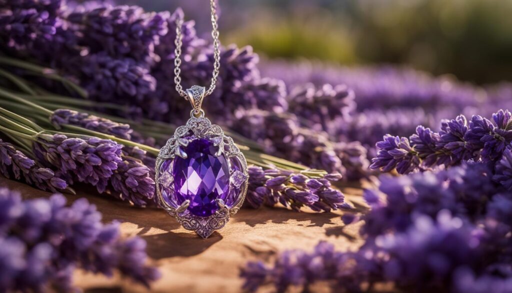 a purple crystal necklace shining in the sunlight, surrounded by a field of lavender flowers.