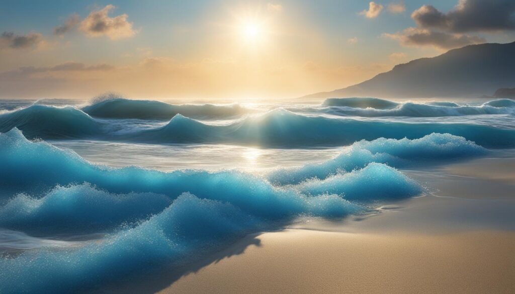 a serene ocean scene with blue crystals scattered across the sand. The sunlight reflects off the crystals, filling the scenery with a calming blue light