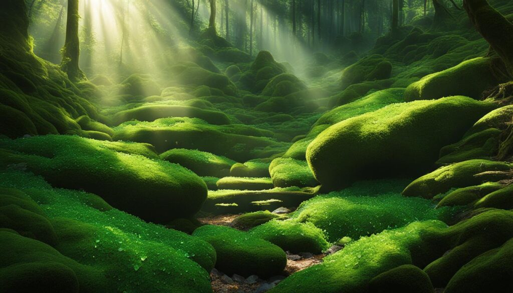 A lush forest, with beams of sunlight shining through the dense canopy onto a cluster of green crystals. 