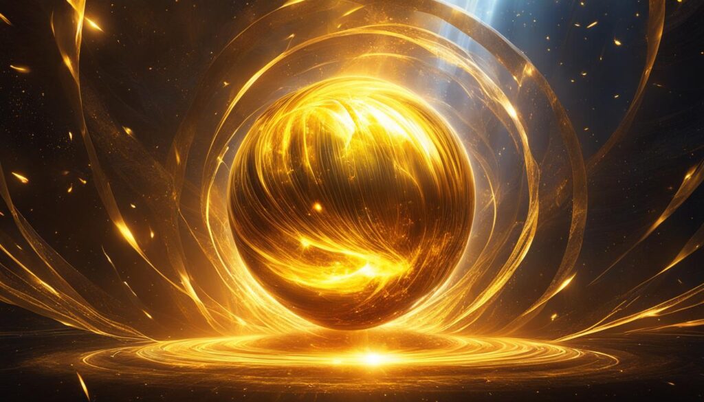 A glowing yellow orb radiating intense warmth and energy, surrounded by swirling flames and sparks