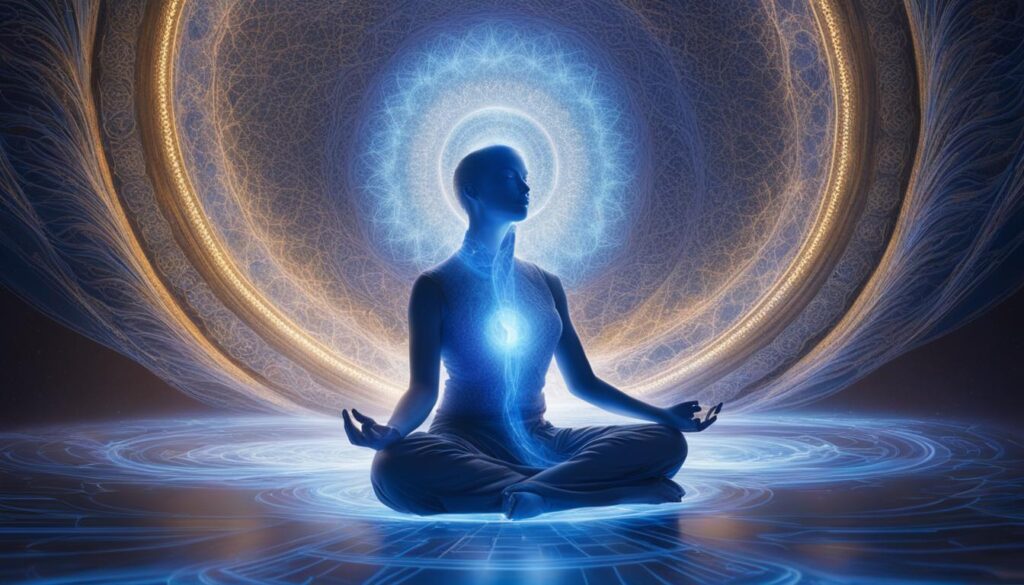 An ethereal blue light emanating from the throat area of a meditating figure, surrounded by swirling patterns representing energy flow and sound waves.