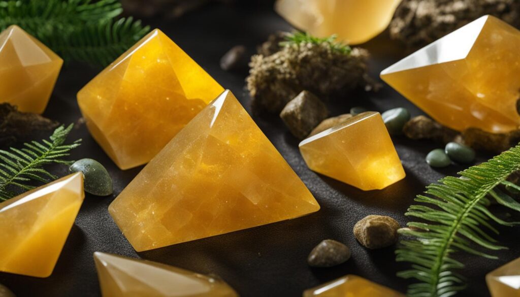 A cluster of bright yellow aventurine crystals in the midst of a lush forest, radiating with the energy of opportunity and prosperity.