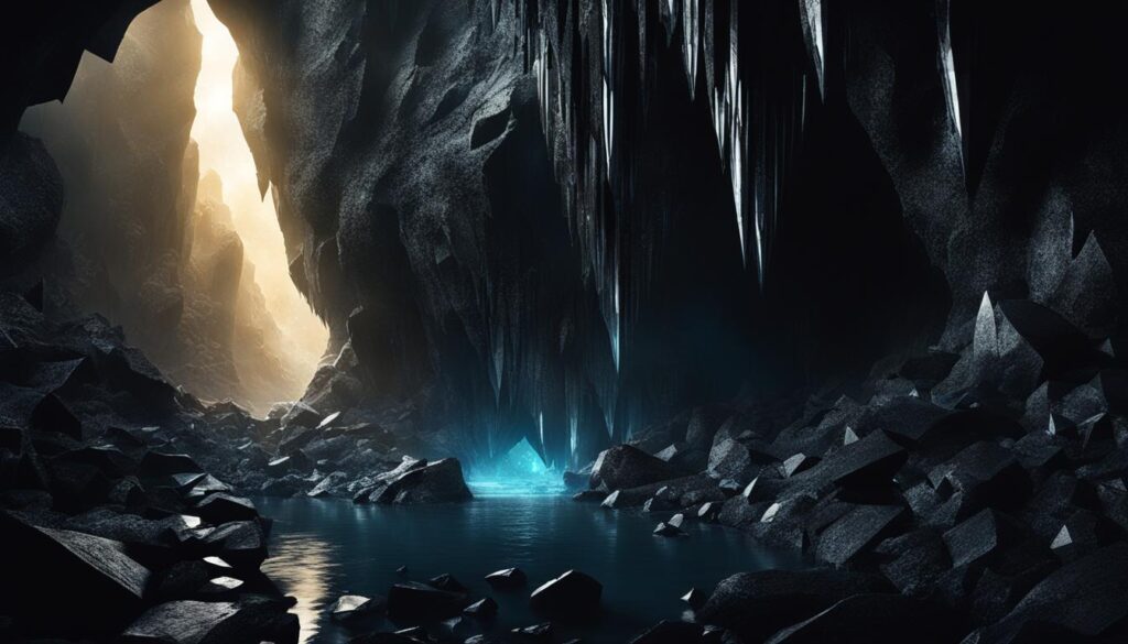 a dark, mystical cave filled with large, jagged black crystals that shimmer in the light. The crystals are arranged in a way that suggests they hold some sort of power or energy.