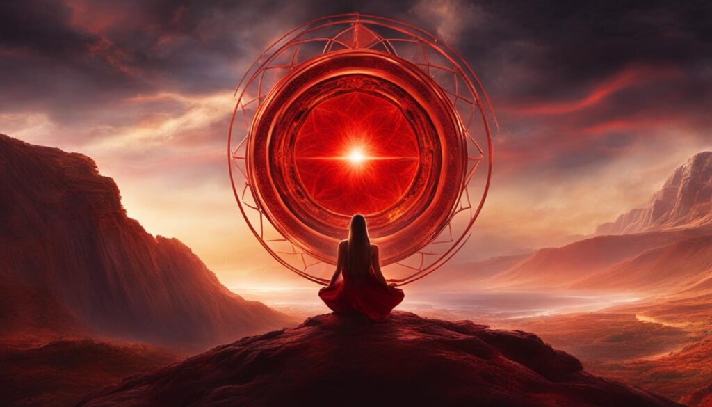 an image that portrays the Root Chakra as a glowing red vortex of energy, located at the base of the spine.