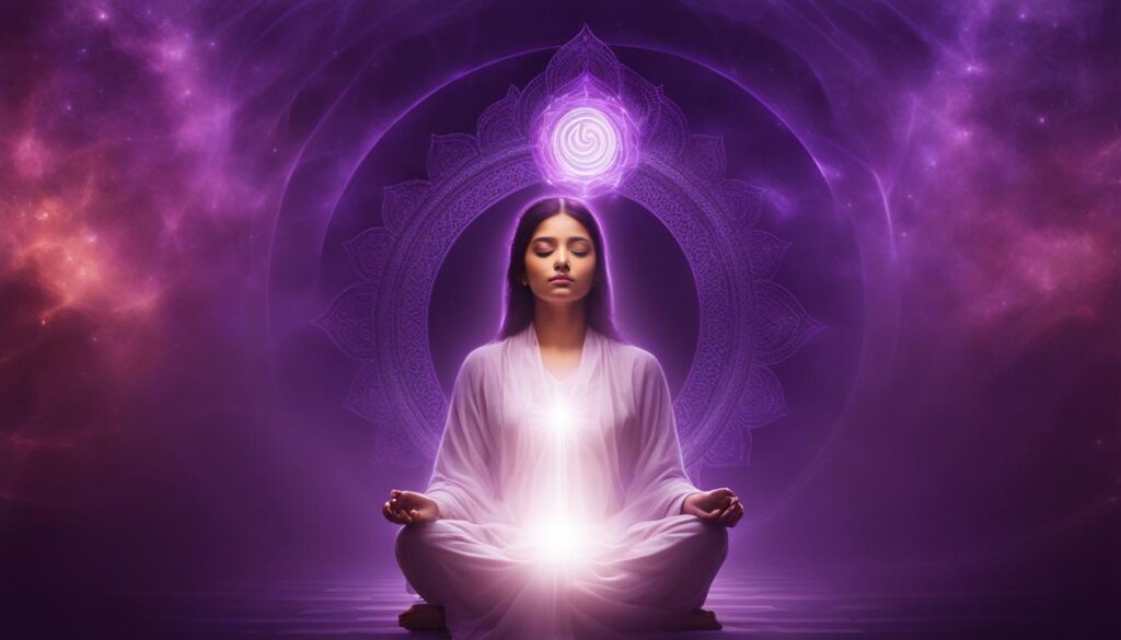 A person sitting in meditation with a bright, glowing crown chakra hovering above their head. Rays of light emanate from the chakra, filling the entire image with a sense of peace and calmness