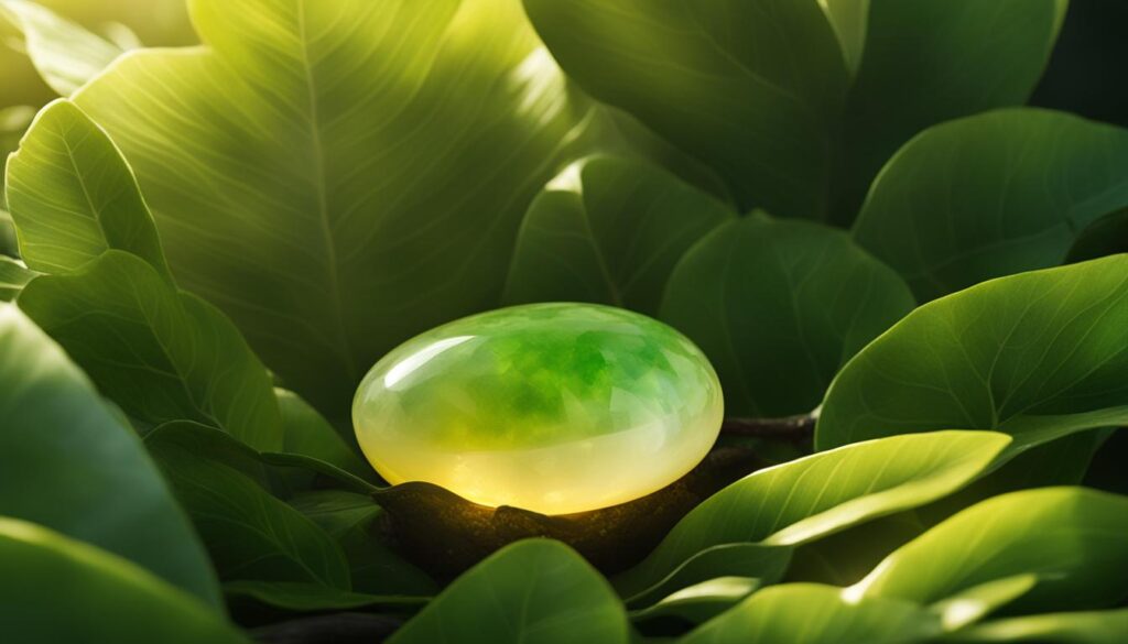 A yellow jade stone nestled in a bed of green leaves, radiating a warm glow. The texture of the stone should be smooth and glossy, almost as if it were emitting a soft light.