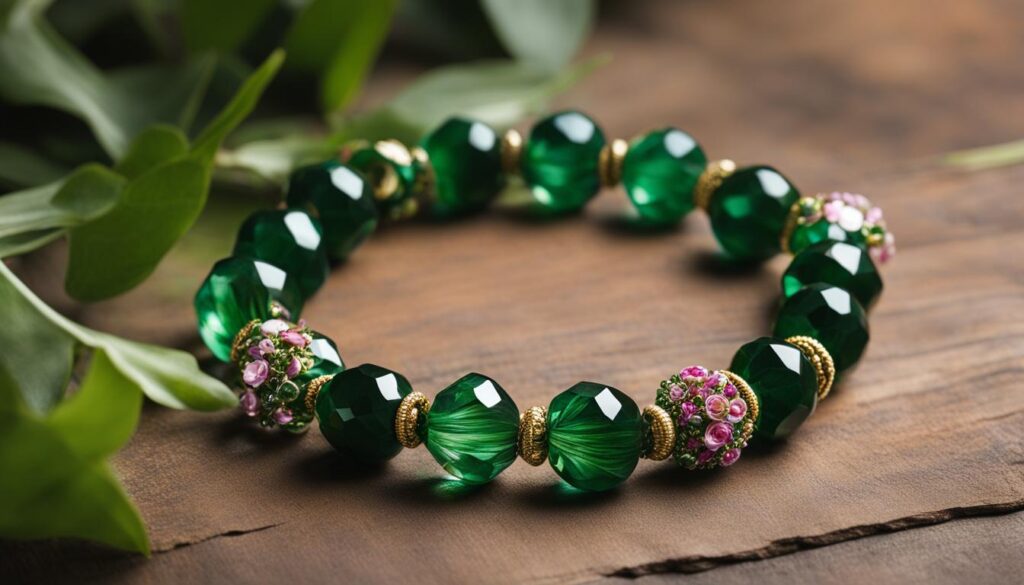 a green crystal bracelet surrounded by lush foliage and blooming flowers, giving off a gentle, calming energy that encourages meditation and healing.