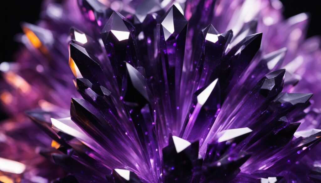 A close-up of a black crystal cluster with sharp edges and a smooth surface, illuminated by a soft purple light. The crystals are arranged in a circular pattern with some larger ones in the center and smaller ones on the outskirts.