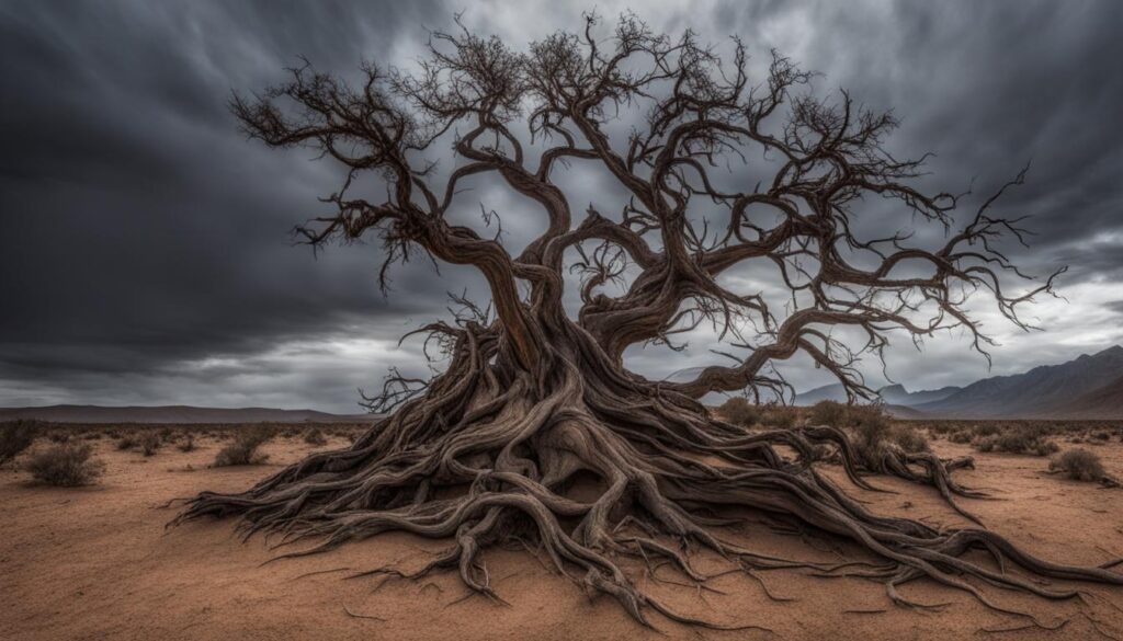 A gnarled tree with wilted leaves and twisted roots, growing in a barren desert landscape. The tree seems to be struggling to hold onto life, with cracks in its bark and dried-up roots.
