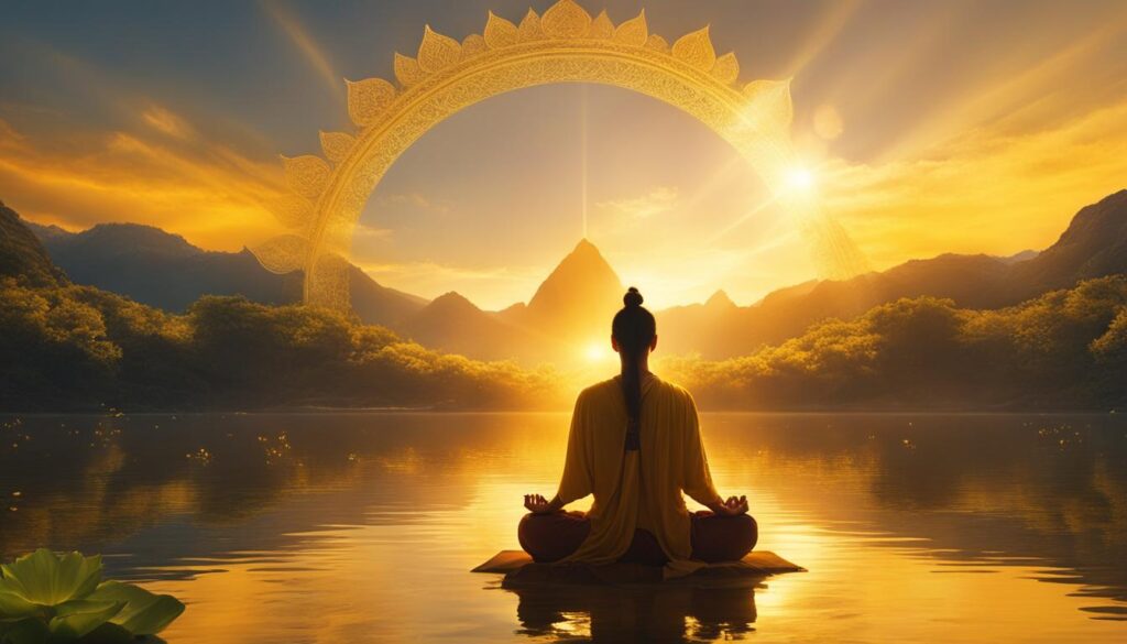 A person sitting cross-legged, surrounded by a golden light. Their body is radiating confidence and power, with their hands on their belly and their eyes closed in meditation.