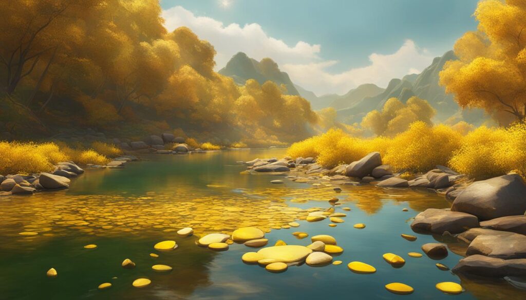 A view of a peaceful river bank featuring a cluster of yellow jasper stones in different sizes and shapes. The stones are bathed in warm, golden sunlight, casting vibrant reflections onto the calm water's surface. 