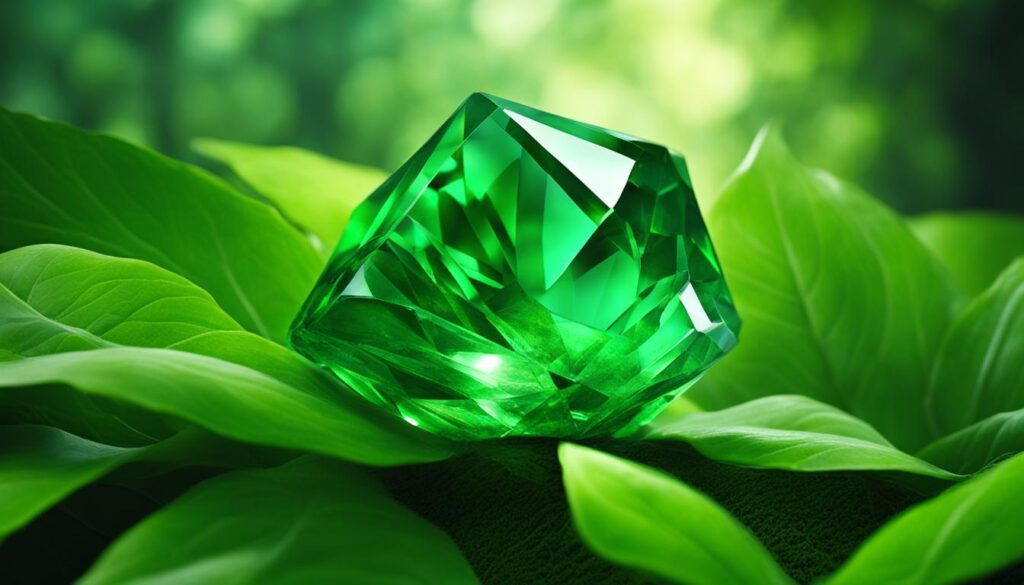 A green crystal resting on a bed of lush green leaves, emanating a bright energy that seems to be merging with the surrounding nature. The crystal appears to be a symbol of growth and renewal, as if it holds the secrets to unlocking one's full potential