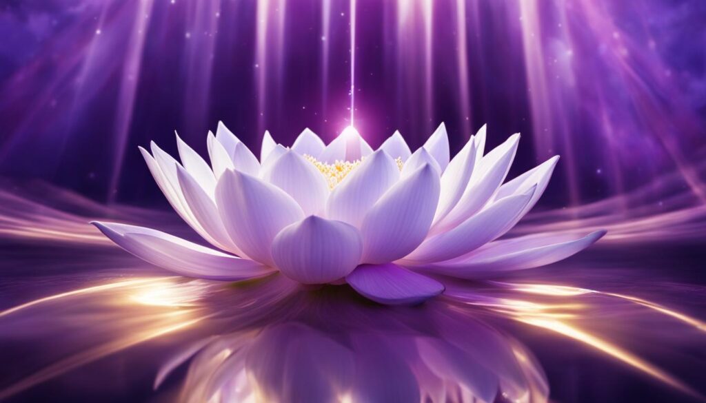 A glowing white lotus flower opening up towards a bright light, surrounded by a halo of purple and white energy.