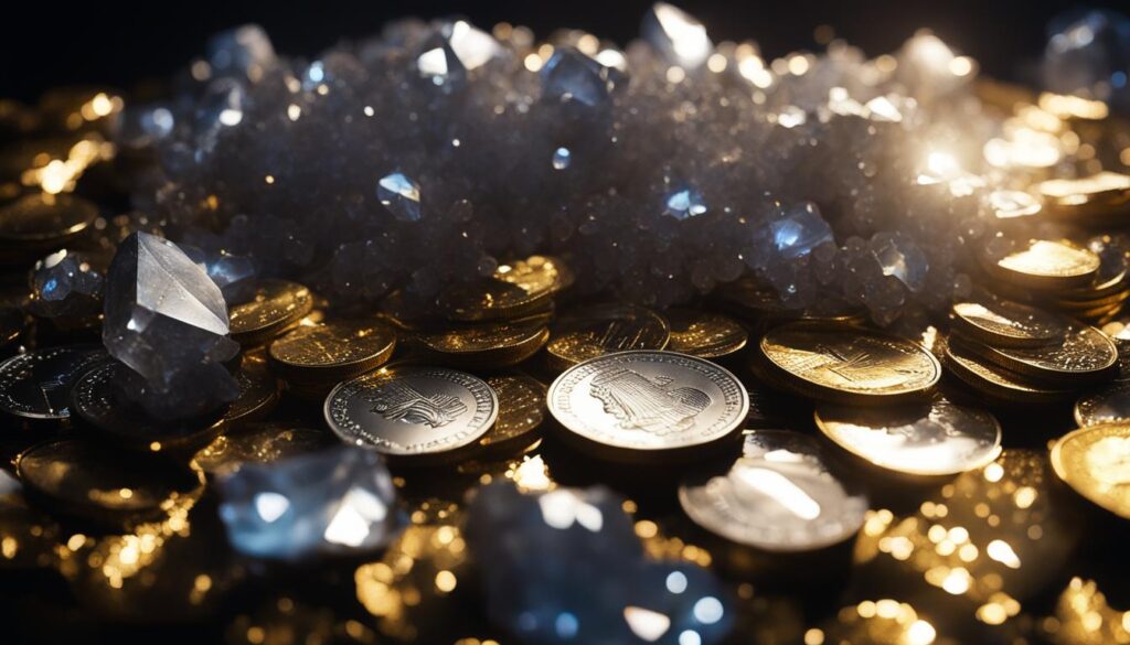 A close-up view of a sparkling white crystal cluster, reflecting light and radiating positive energy towards a pile of golden coins and dollar bills.