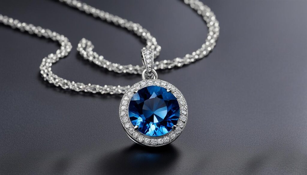 a close-up shot of a delicately crafted blue crystal pendant suspended from a thin silver chain.