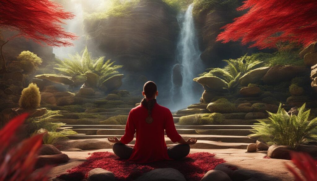 A person meditating outdoors in a peaceful garden, surrounded by grounding elements such as rocks and plants, with their hands placed on their lower back.