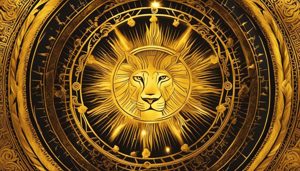 A golden sun shining brightly, radiating warmth and energy. Surrounding the sun are various symbols of power and strength, such as a lion or a warrior.