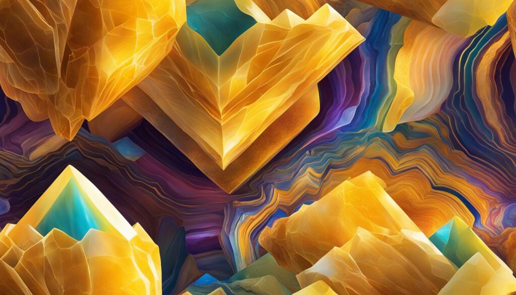 A glowing yellow calcite crystal shining bright like the sun, surrounded by an array of vibrant colors and patterns. The crystal is emanating warmth and positive energy, inviting the viewer to take a journey into its sunny world