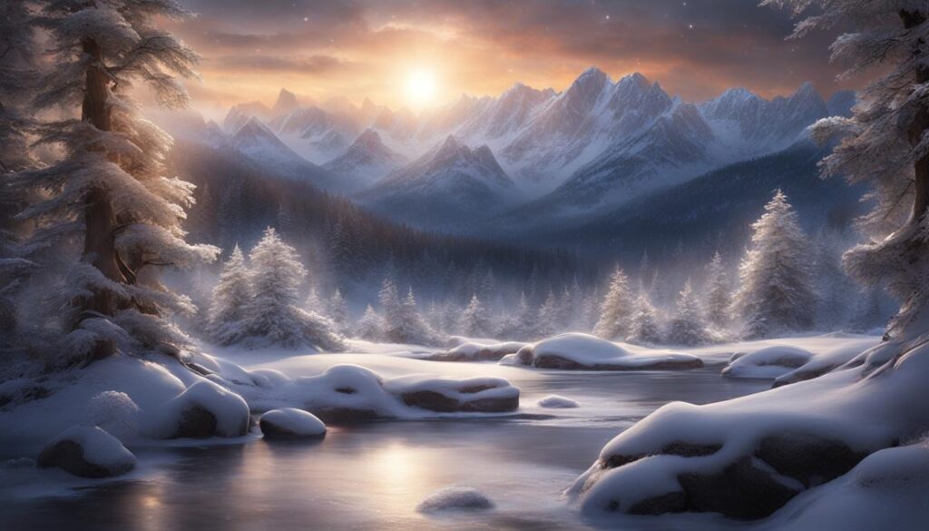 a serene, mystical landscape with 12 radiant, white crystals scattered across it.