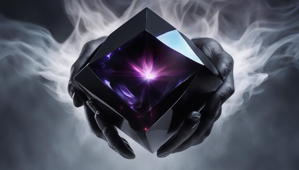 A black gemstone in the center of a white surface, emitting a glowing aura that envelops an entire hand resting over it