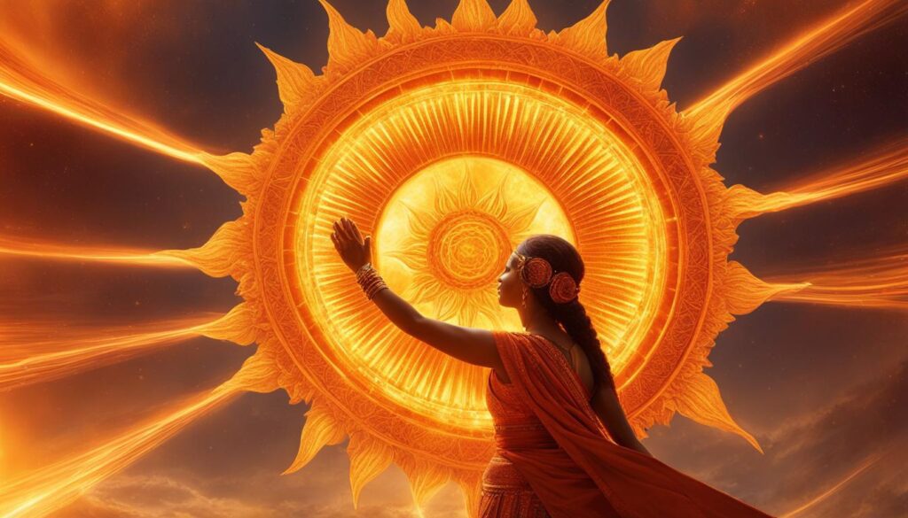 A circular golden sun shining brightly above the solar plexus area, while warm rays of yellow energy emanate and swirl around it.